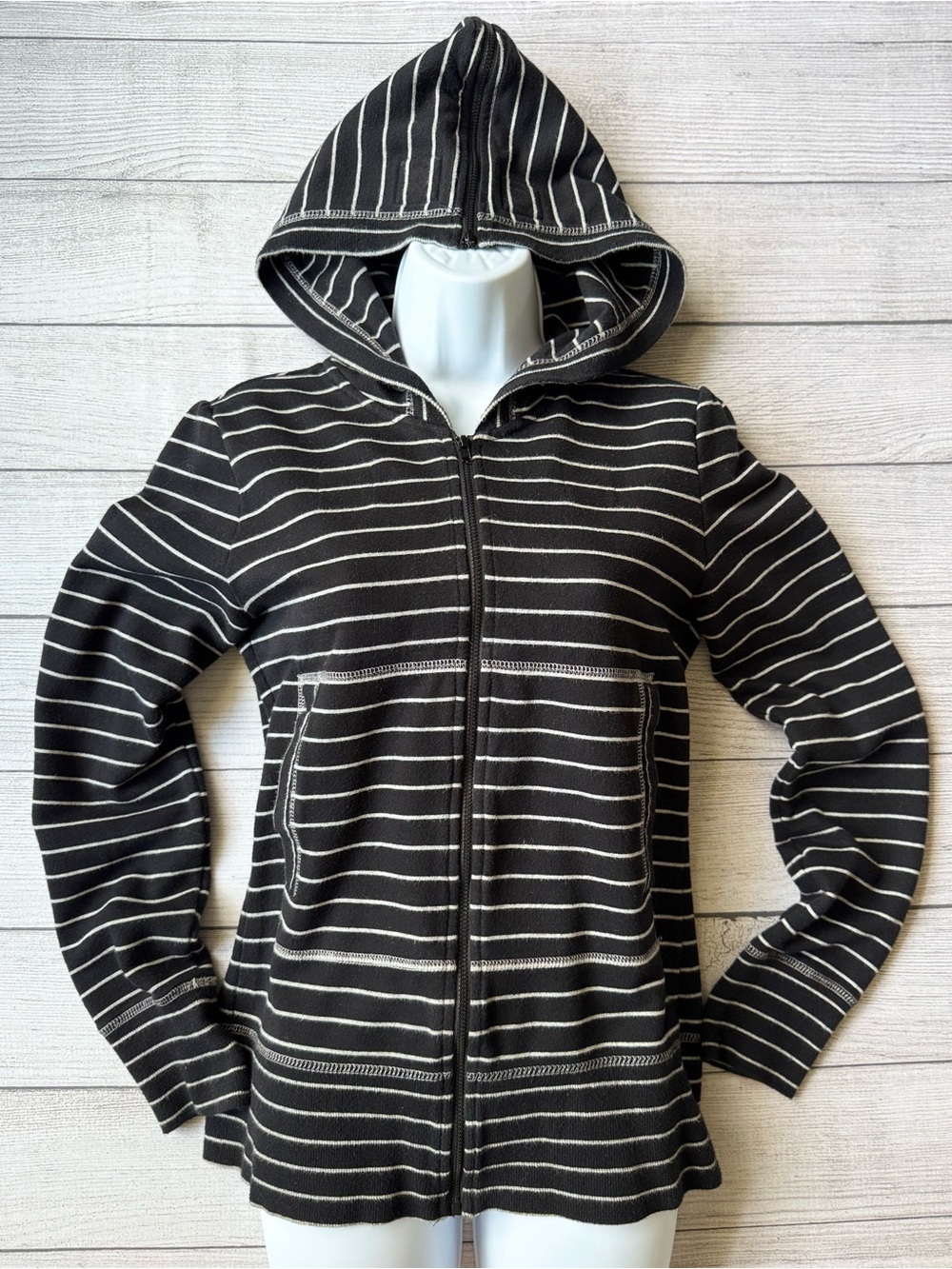 Norma Kamali Black and White Striped Zip Hoodie